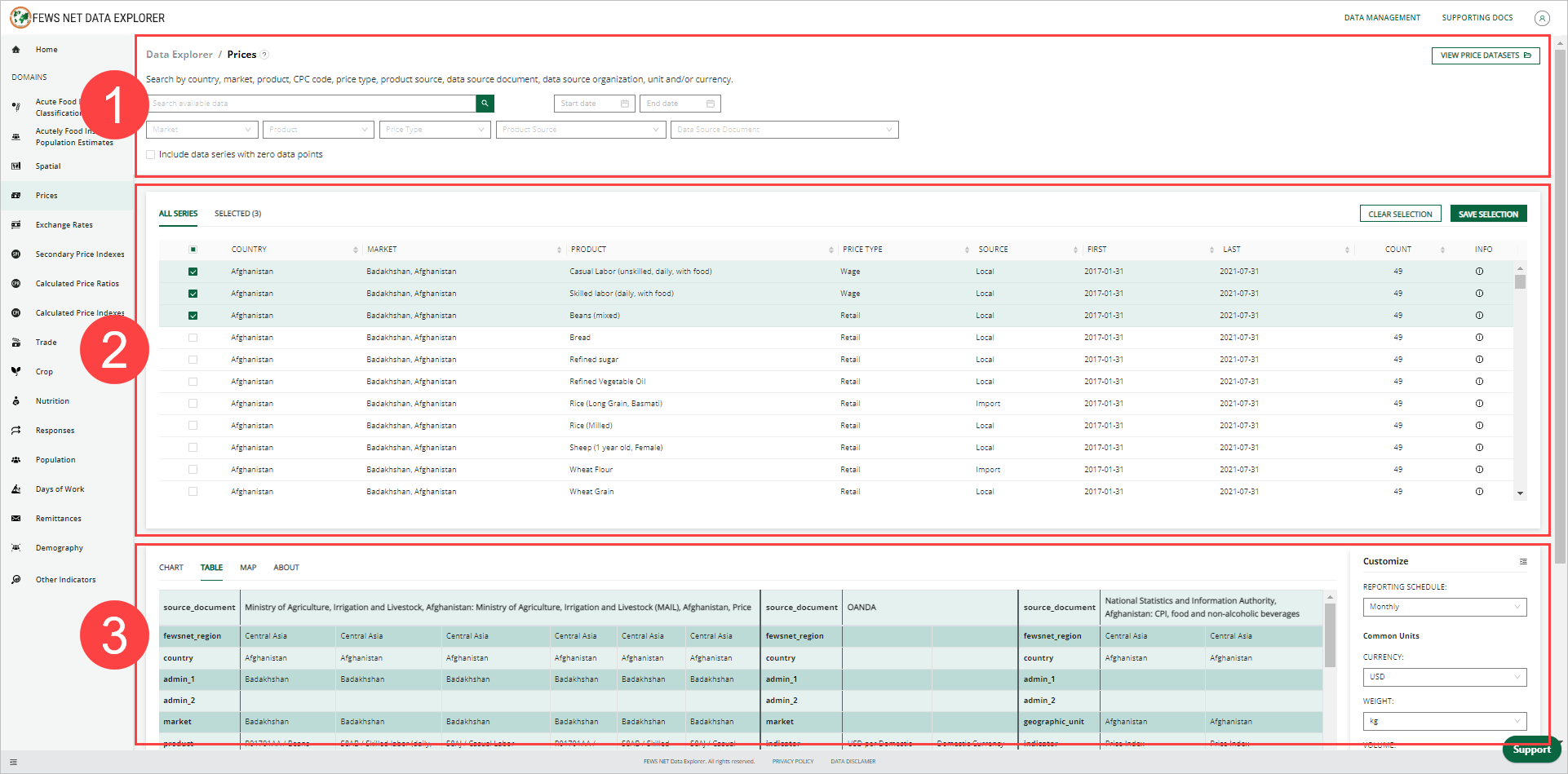 The Prices domain page has been selected from the left-hand side menu, demonstrating the three sections of the page. 