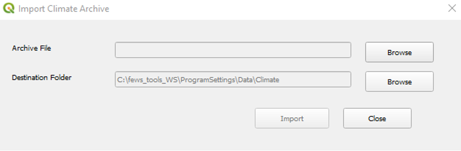 The Import Climate Archive screen.