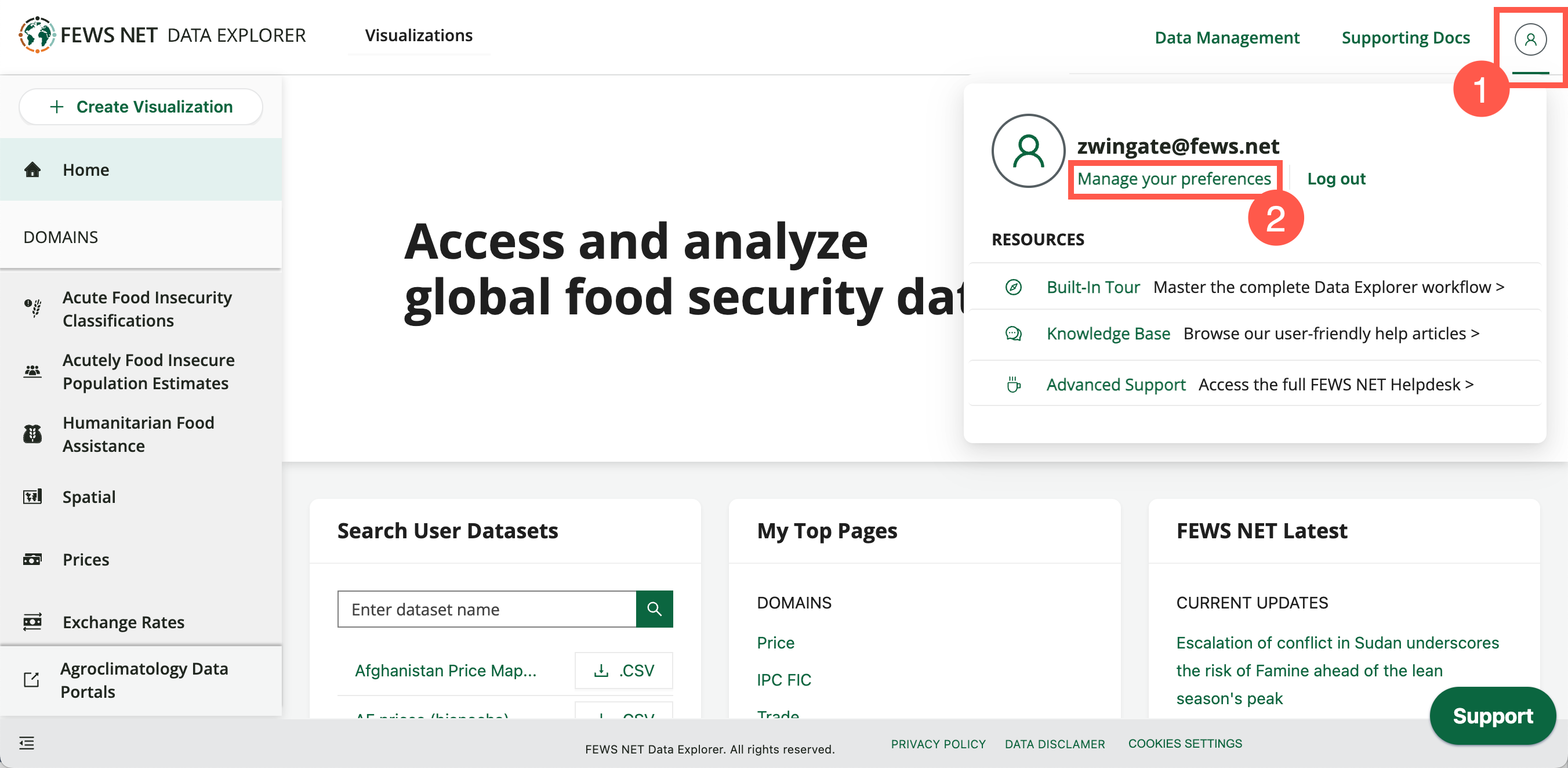 The User Profile page can be accessed from the home page as well as the domain pages.