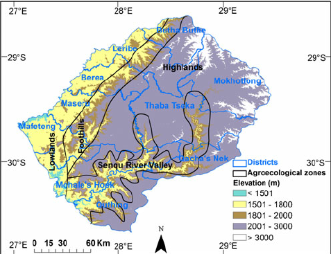 Lesotho map showing four agro-ecological zones and ten districts