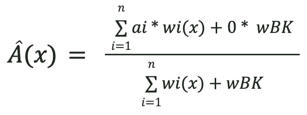 Equation. A of x equals numerator sum of i equals 1 to n of ai times wi of x plus 0 times w B K denominator sum of i equals 1 to n of wi of x plus w B K.