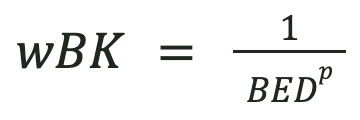 Equation. w B K equals 1 over BED to the p power.