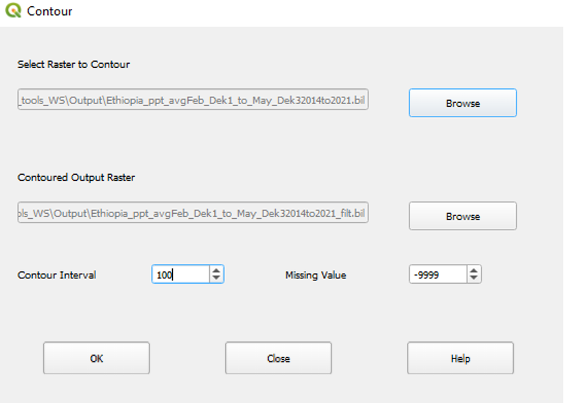 The Contour screen showing options for the raster to contour, contour interval, and missing value.