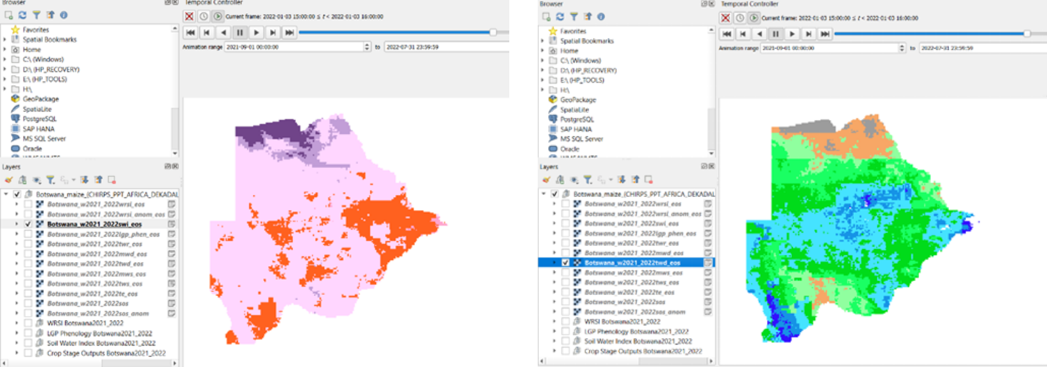 Two images of the QGIS canvas showing a map of Botswana with data. The first shows swi data and the second shows twd data.