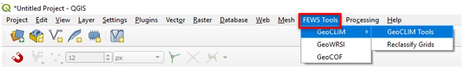 The FEWS Tools menu in the QGIS main bar includes GeoCLIM, GeoWRSI, and GeoCOF..