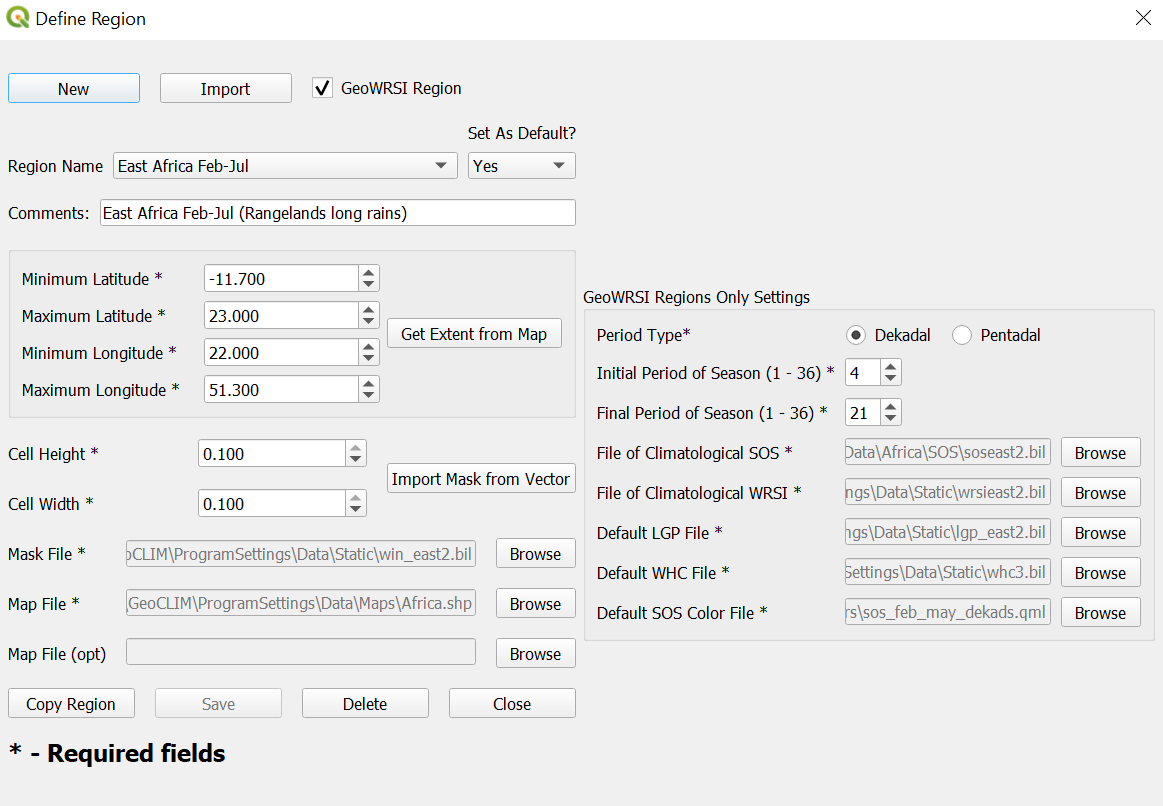 The Define Region screen in FEWS Tools with a region defined using minimum and maximum latitude and longitude.