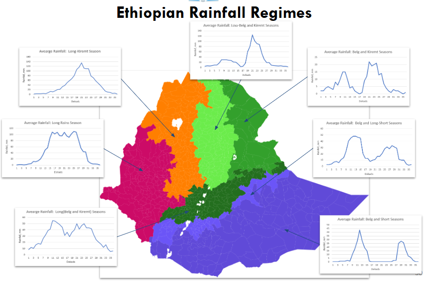 Map of Ethiopia divided into 7 regions. Each region is linked to a line graph showing rainfall patterns.