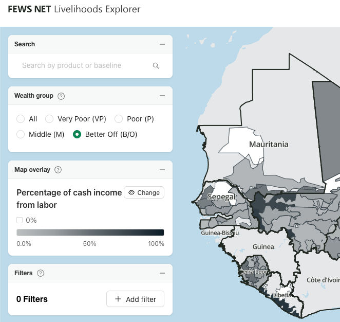 Map shows West Africa with the map overlay showing percentage of cash income from labor for the better off wealth group. 