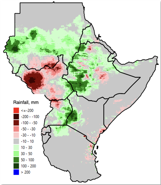 Map of eastern Africa with rainfall change in average data.