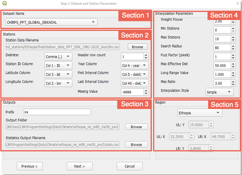 Dataset and Station Parameters screen labeled by section as described below.