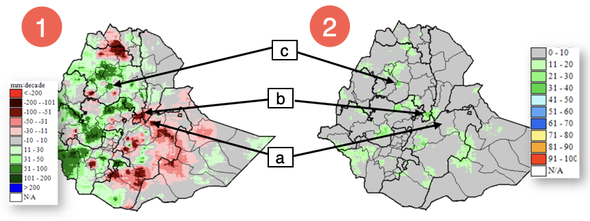Two maps of Ethiopia as described in the caption. Three sites (a, b, and c) are labeled on each map and discussed below.