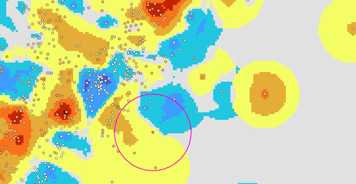 A larger view of the grid of dots with the search radius marked and gradient data (red to blue). The center point is yellow. 