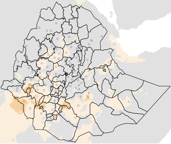 Map of Ethiopia with gradient data (gray to orange) and several points marked with circles.