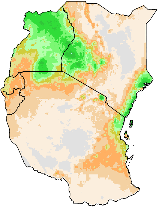 Map of Kenya, Uganda, Rwanda, Burundi, and Tanzania with median rainfall data.