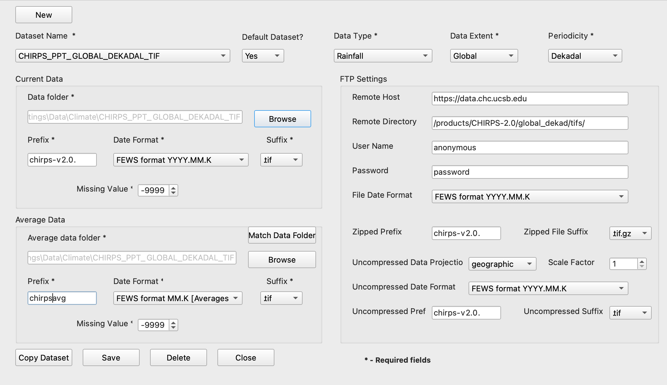 The Define GeoCLIM Climate Dataset screen, completed according to the steps above.