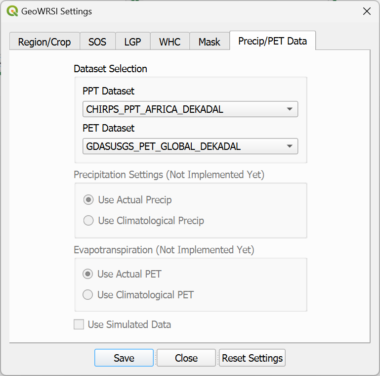 The GeoWRSI Settings screen on the Precip and PET Data tab.