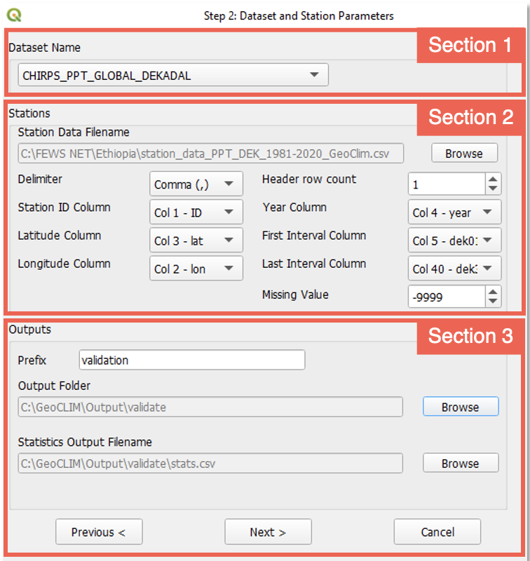 Dataset and Station Parameters screen with each section outlined. Sections are described below.