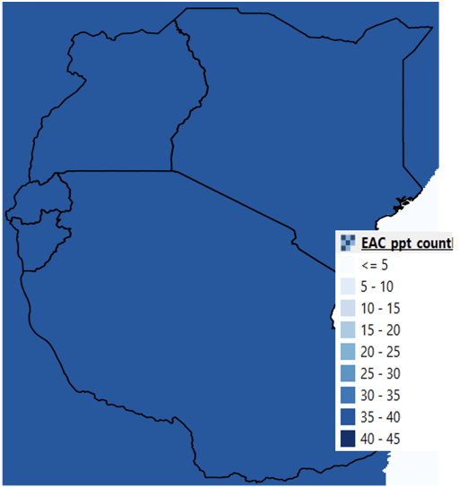 Map of Kenya, Uganda, Rwanda, Burundi, and Tanzania with count data.