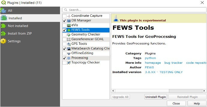 Installed plugins menu showing FEWS Tools selected.