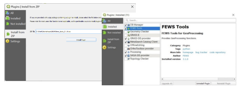 Plugins menu showing FEWS Tools selected.