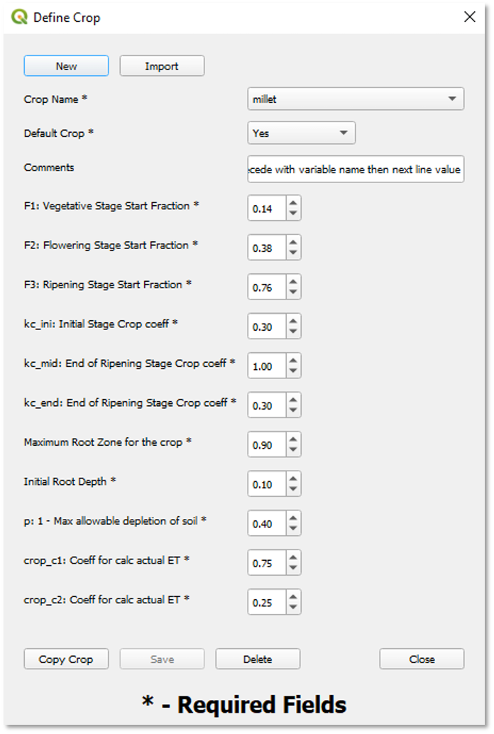The Define Crop screen with 14 customizable parameters.