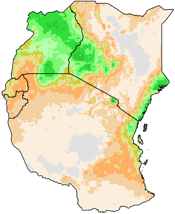 Map of Kenya, Uganda, Rwanda, Burundi, and Tanzania with average rainfall data.