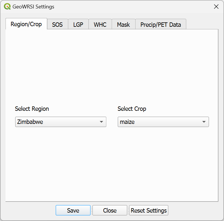 The GeoWRSI Settings screen on the Region and Crop tab.