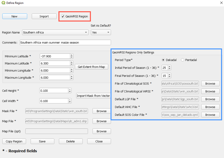 The Define Region screen with the GeoWRSI Region box highlighted and selected.