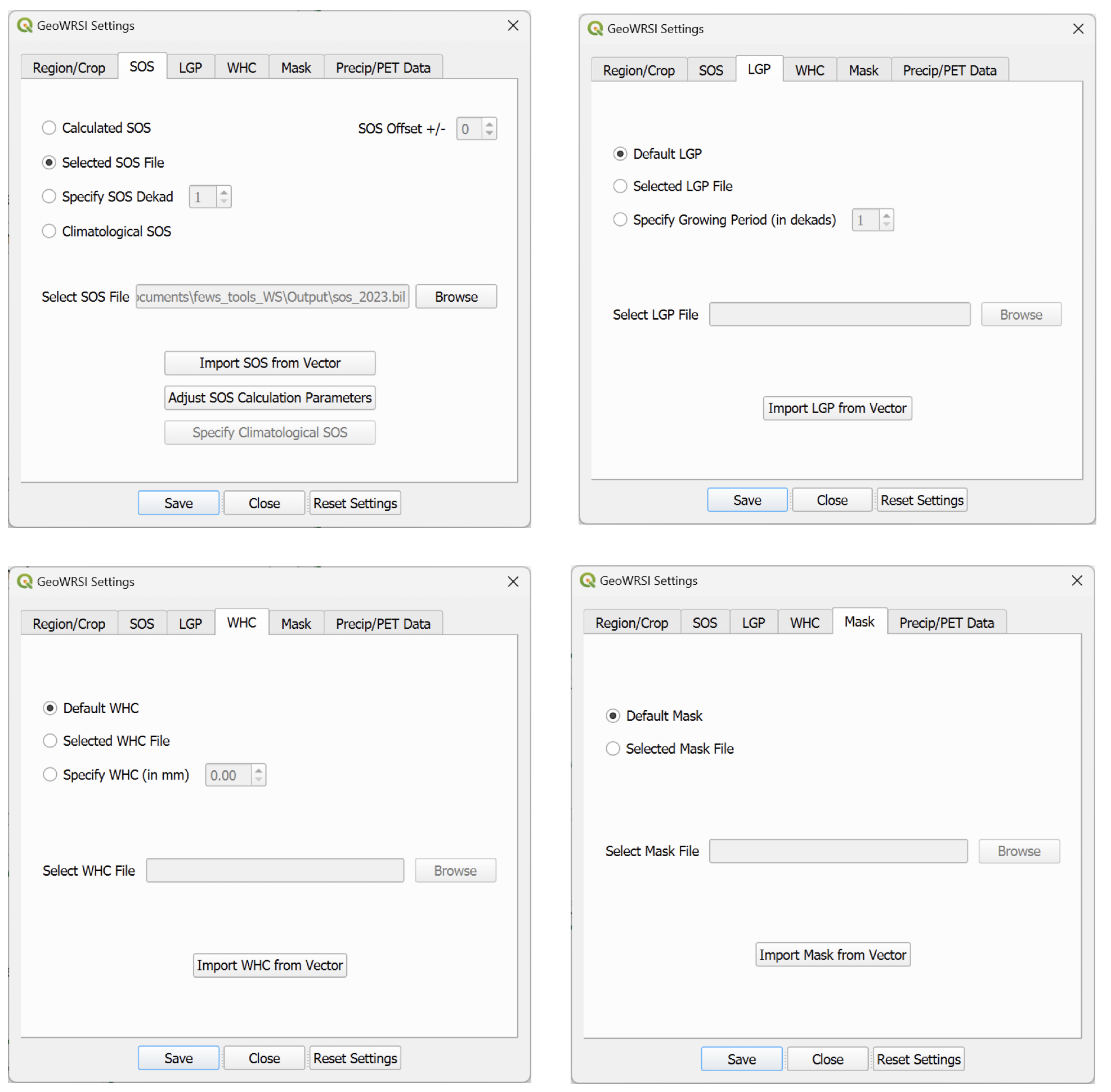 The GeoWRSI Settings screen. Four images show the SOS, LGP, WHC, and Mask tabs.