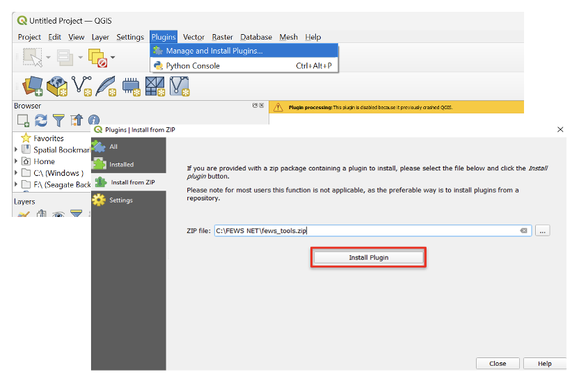 QGIS plugins menu showing the Manage and install plugins option and resulting screen.