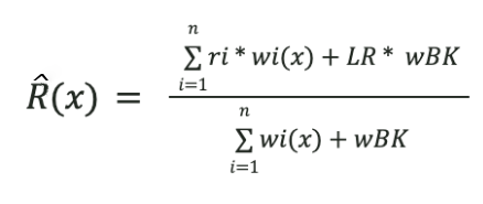 Equation. R of x equals numerator sum from i equals 1 to n of ri times wi of x plus LR times w B K over denominator sum of i equals 1 to n of wi of x plus w B K.