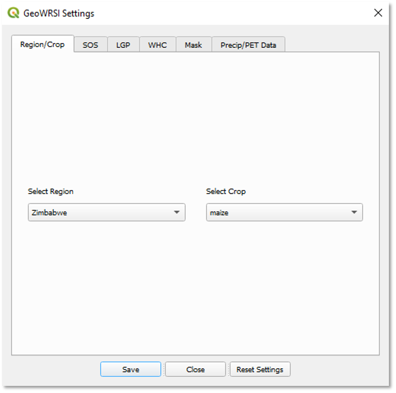 The GeoWRSI Settings screen showing region and crop settings.