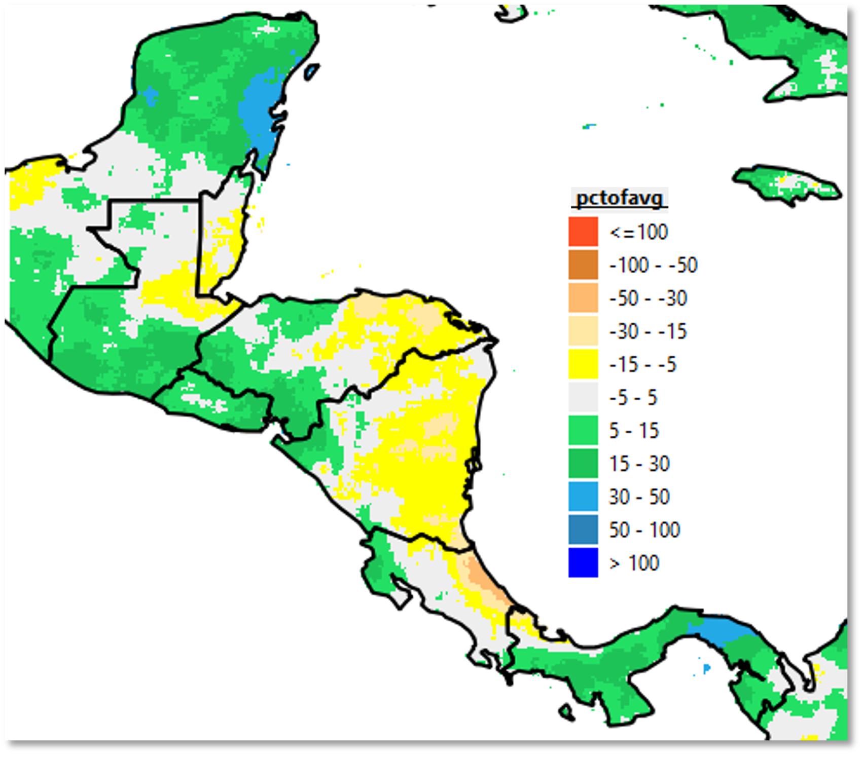 Map of central America showing percent of average for composites 1 and 2.