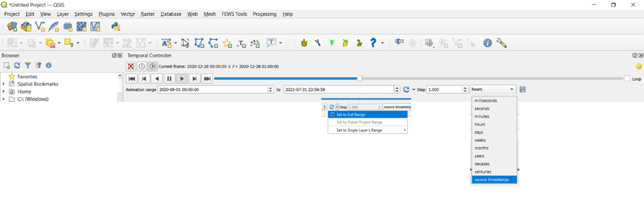 QGIS animator screen with setting chosen as described above.