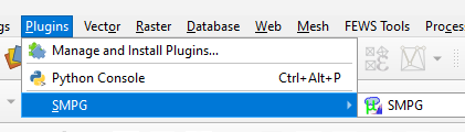 QGIS Plugins menu with SMPG option highlighted.