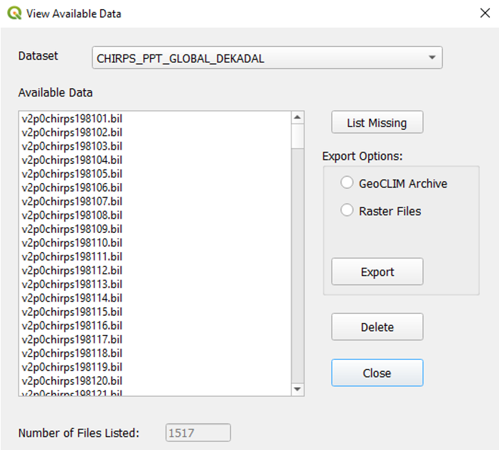 The View Available Data screen with a list of data file options.