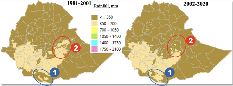 Two maps of Ethiopia, each with the same two regions highlighted. Region 1 is blue, region 2 is red.