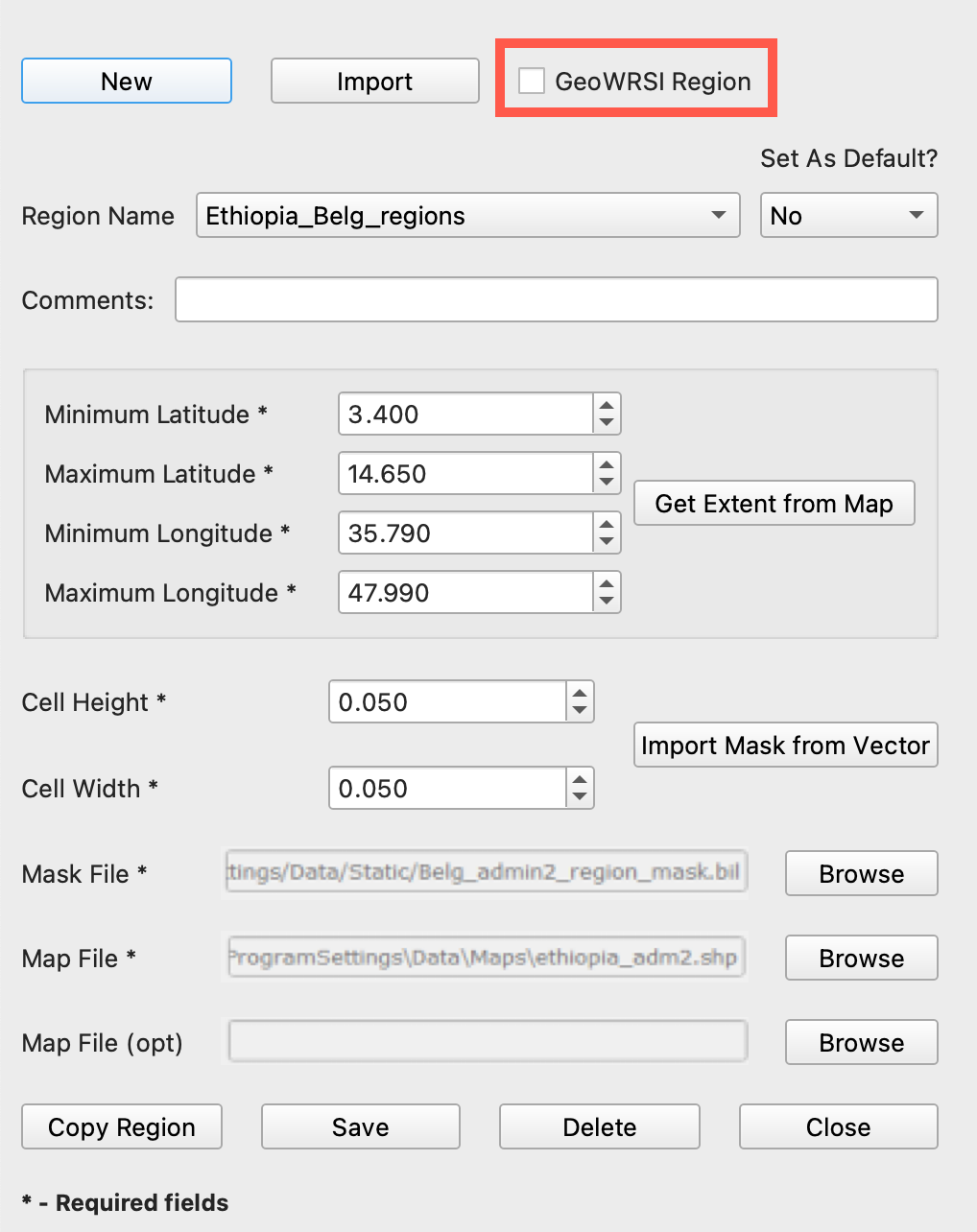 The Define Region screen filled out according to the steps described above.