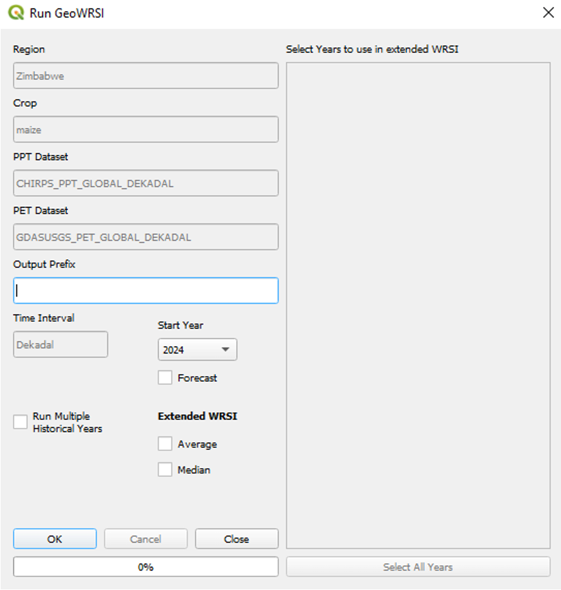 The Run GeoWRSI screen with options to select one or multiple years. 