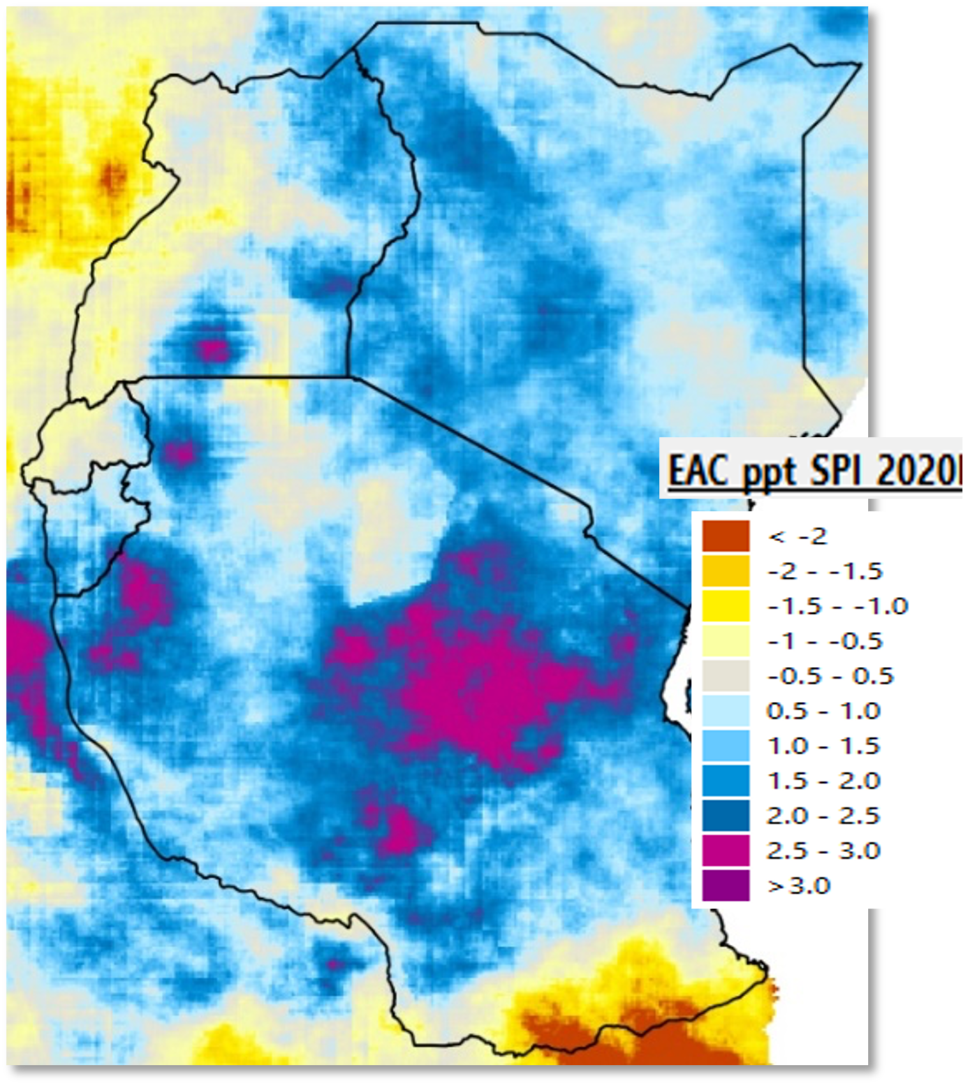 Map of Kenya, Uganda, Rwanda, Burundi, and Tanzania with SPI data.