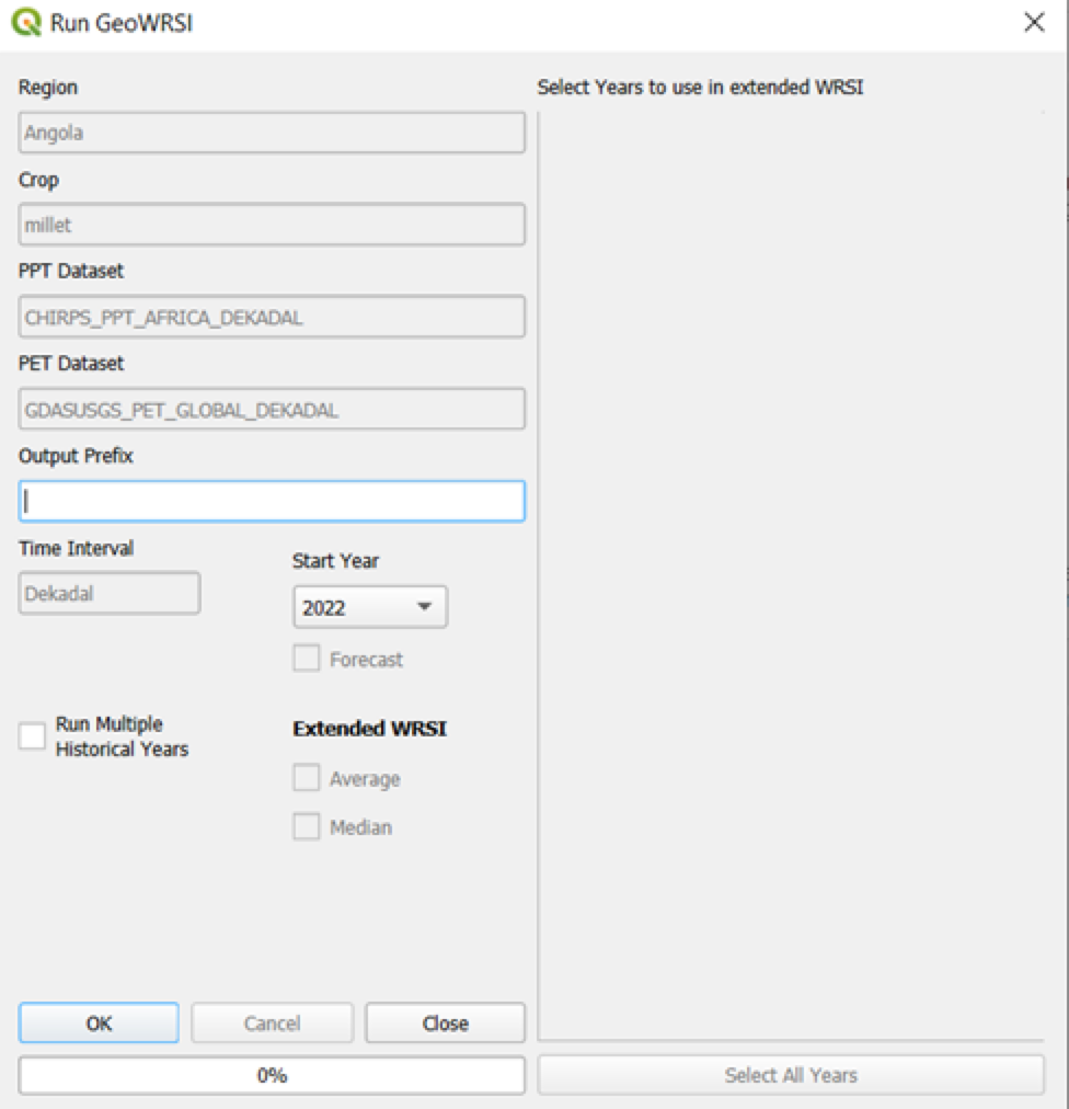 The Run GeoWRSI screen. Options are available to select the output prefix and start year or years.