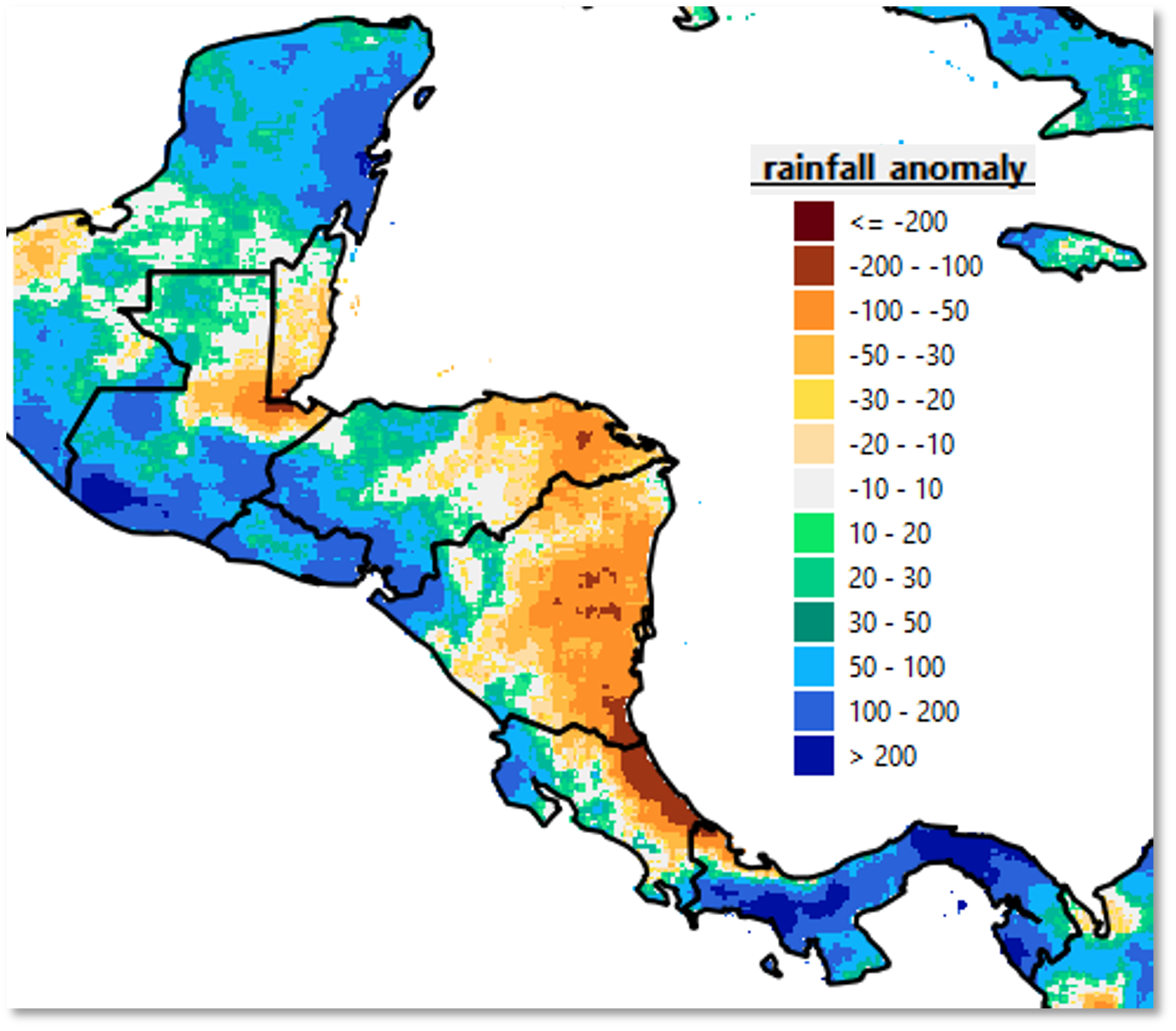 A map of central America showing rainfall anomaly.