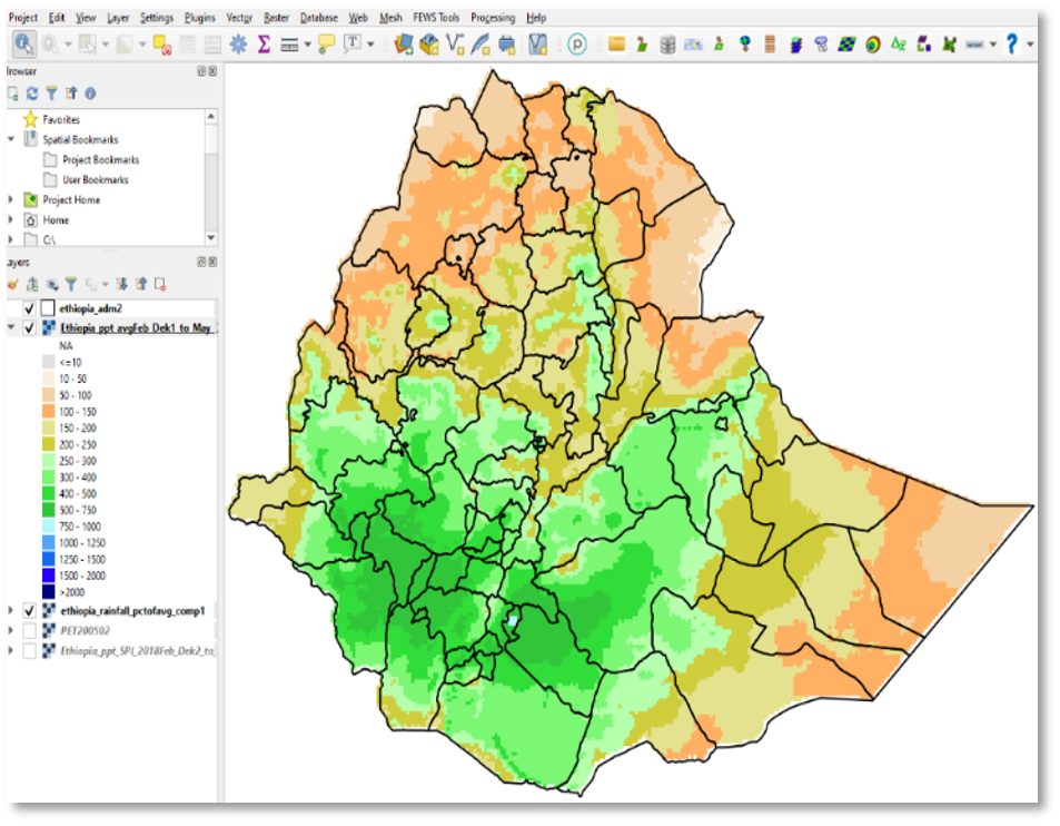 Sample output on the QGIS canvas. A map of Ethiopia with data layer options.
