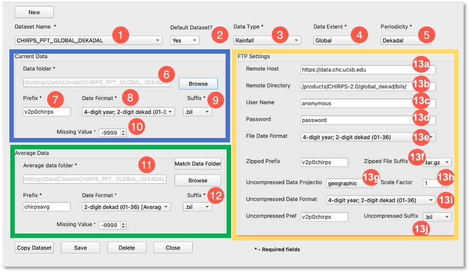 The Define GeoCLIM Climate Dataset screen, numbered according to the steps above.