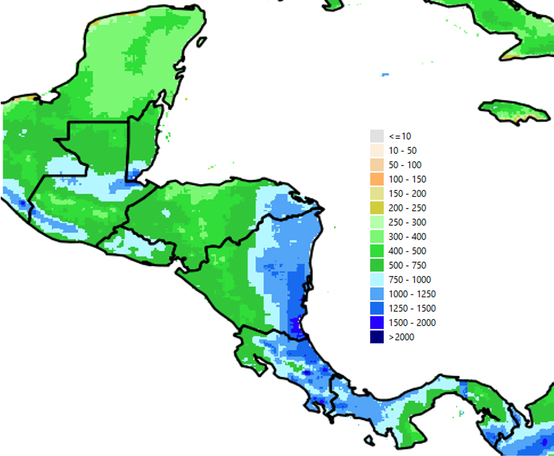 A map of central America showing rainfall data.