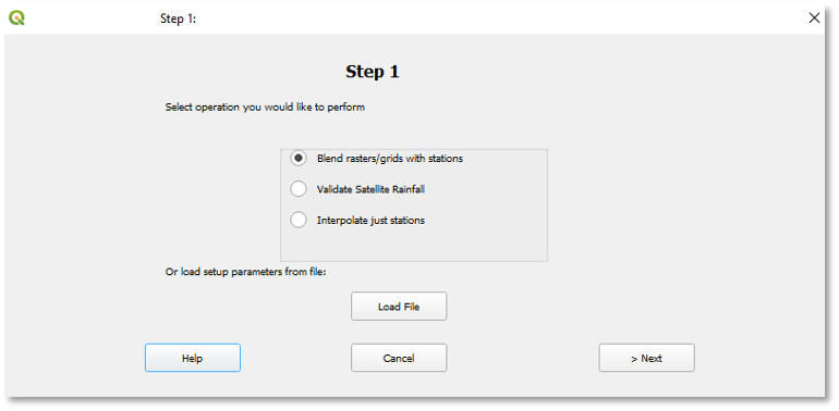 Step 1 of the Batch Assistant Tool. Options include blending rasters with stations, validating rainfall, interpolating just stations, or loading setup parameters from a file.