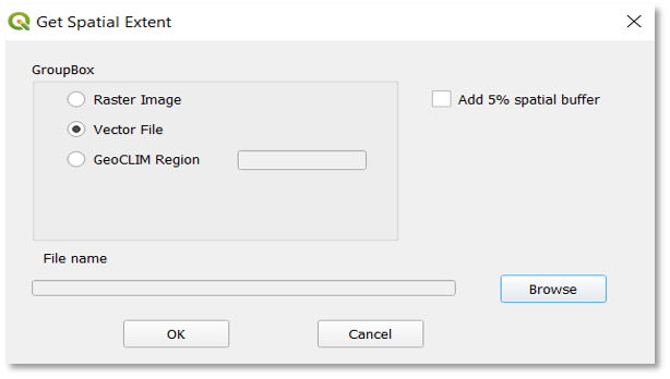 The Get Spatial Extent screen. Options include raster image, vector file, and GeoCLIM region.