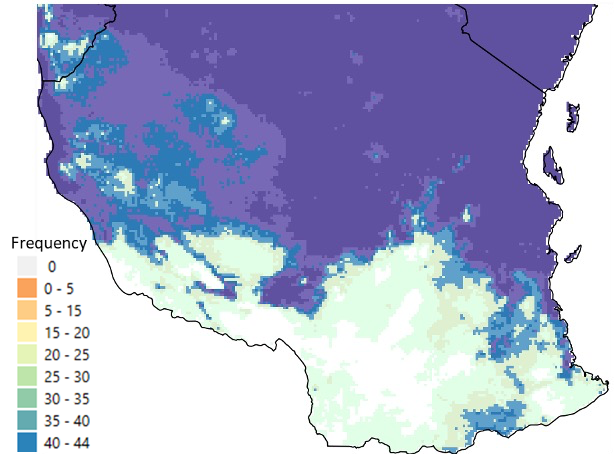 Map of southern Tanzania with a legend labeled Frequency.