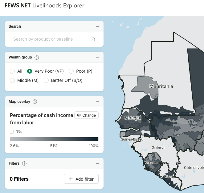 Map shows West Africa with the map overlay showing percentage of cash income from labor for the very poor wealth group. 