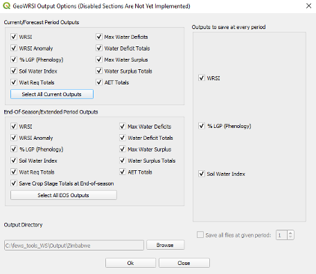 The GeoWRSI Output Options screen